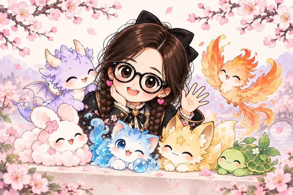 Q版筱梅老師被可愛小寵物圍繞，周圍有梅花花瓣